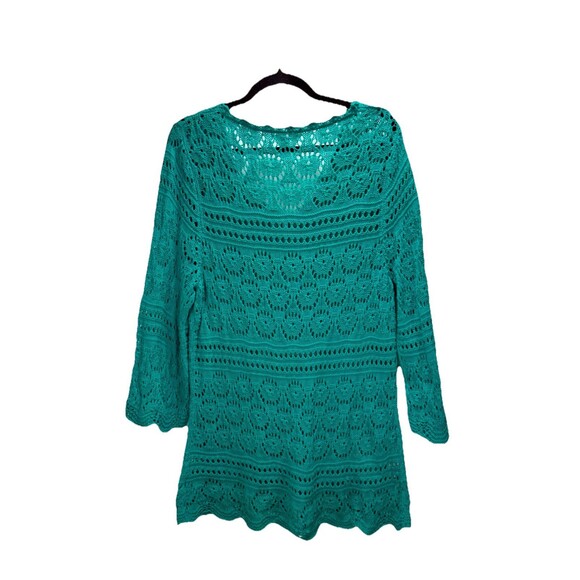 Dressbarn 1X Crochet Knit Teal Top 100%‎ Cotton 3/4 Sleeve Pullover Lightweight - Picture 4 of 9